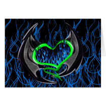 Flaming Green Heart with Bat Wings Greeting Card