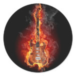 Flaming rock guitar round stickers