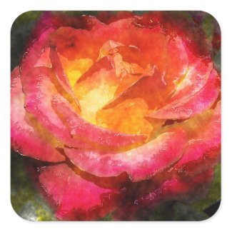 Flaming Rose Watercolor Square Sticker