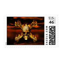 Flaming Skull and Crossbones w/Red Sky Background Stamps