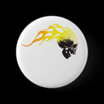 Great looking flaming hot rod image on a pin button / badge. flaming skull button