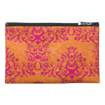 Flaming Tangerine Tango Orange and Pink Damask Travel Accessories Bag