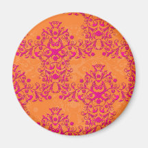 Flaming Tangerine Tango Orange and Pink Damask Refrigerator Magnets