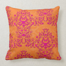 Flaming Tangerine Tango Orange and Pink Damask Pillow
