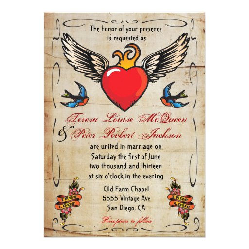 Flaming Winged Heart Tattoo Wedding Invitations