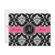 Flamingo Pink Black Damask Monogram Save the Date invitation
