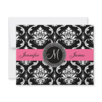 Flamingo Pink Black Damask Monogram Save the Date Personalized Invites