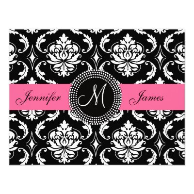 Flamingo Pink Black Damask Monogram Save the Date Personalized Invites