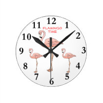 FLAMINGO TIME, 3 Pink Flamingo Birds Round Clock at Zazzle