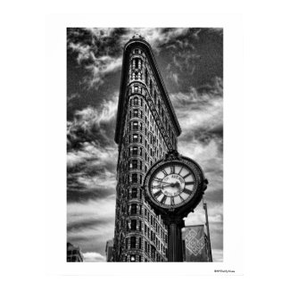 Flatiron Building and Clock in Black and White Print