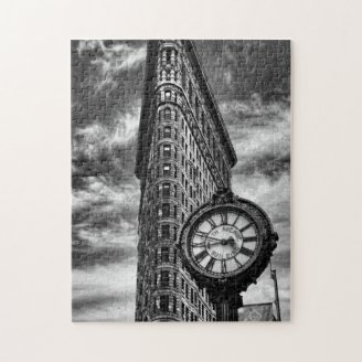 Flatiron Building and Clock in Black and White Jigsaw Puzzles