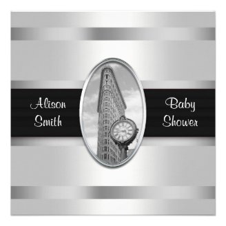 Flatiron Building Invite White Silver BW Baby Show