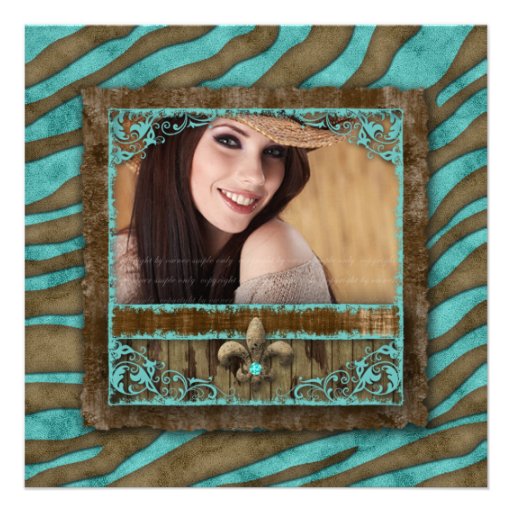 Fleur de Lis Photo Card Blue Brown Zebra Suede Announcements