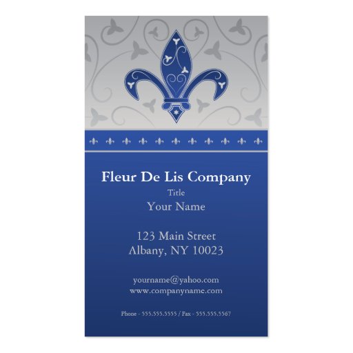 Fleur de Lis Silver & Blue Business Card Template (front side)
