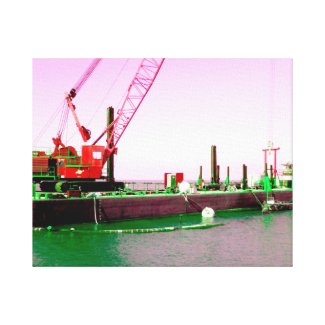 Floating Barge with crane green and purple toned Stretched Canvas Print