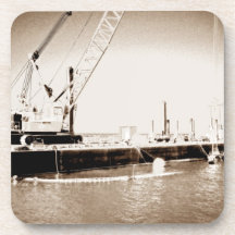 Floating Barge with crane sepia toned Coasters