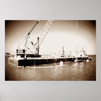 Floating Barge with crane sepia toned Print