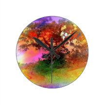 Floating black tree on rainbow foggy background round clocks
