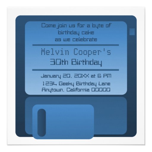 Floppy Disc Geek Birthday Party Invite, Dark Blue
