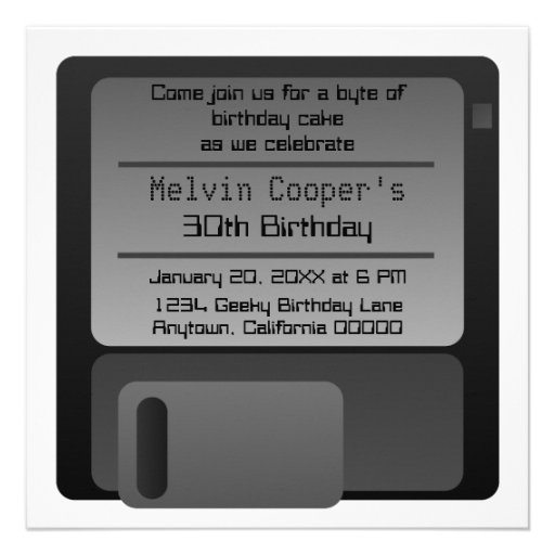 Floppy Disc Geek Birthday Party Invite, Gray