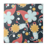 floral58 RETRO FLORAL BLACK BACKGROUND LIGHT BLUE tiles