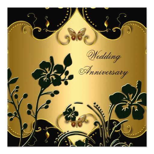 Floral 50th Wedding Anniversary Gold Black Custom Invitations