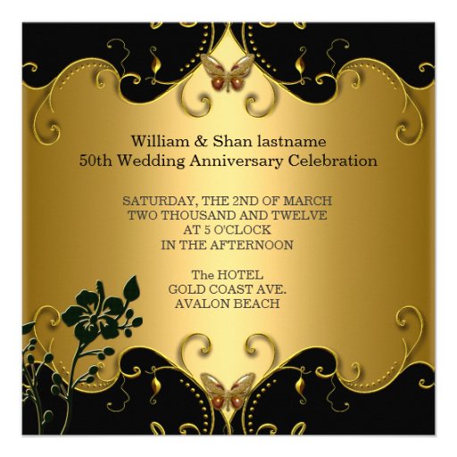 Floral 50th Wedding Anniversary Gold Black Custom Invitations