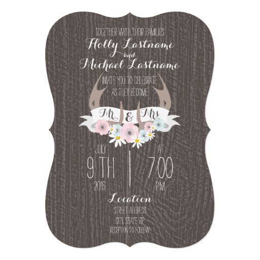 Floral Antlers + Barn Wood Wedding Announcements