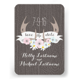 Floral Antlers   Barn Wood Wedding Save The Date Invitations