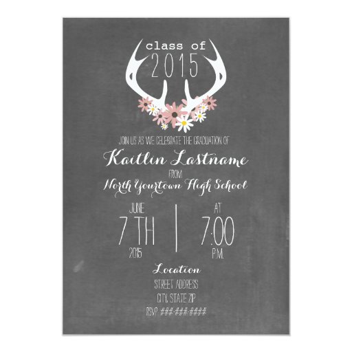 Floral Antlers Chalk Inspired 2015 Graduation Card (front side)