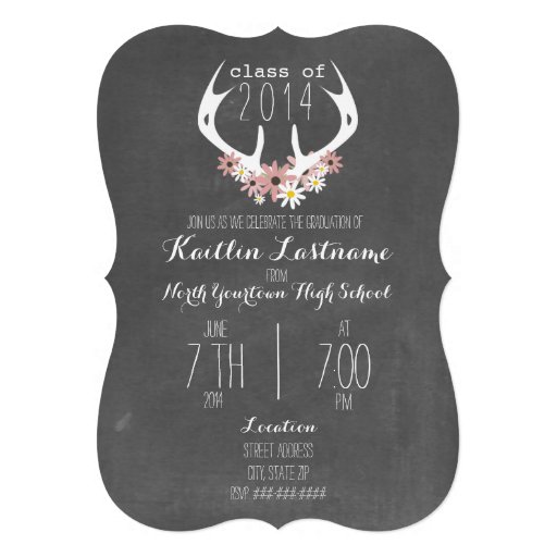 Floral Antlers Chalkboard Inspired Graduation Custom Announcement (front side)