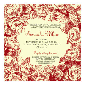 Floral Baby Shower Vintage Roses Red Personalized Invitations