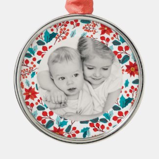 Floral Banner Holiday Photo Premium Round Ornament