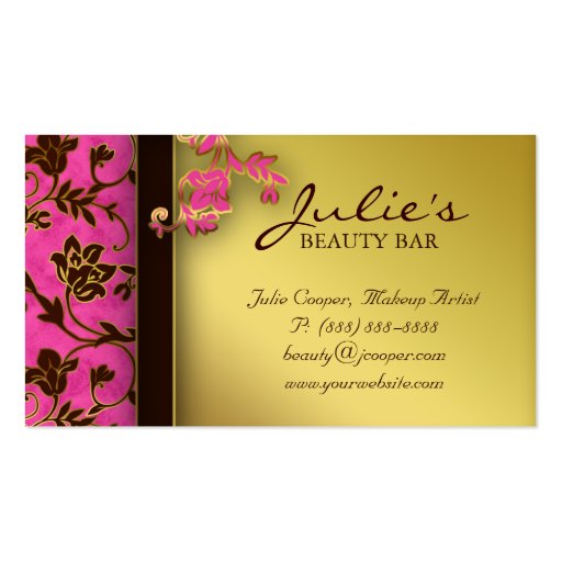 Floral Beauty Business Card Gold Trim Pink Brown H (back side)