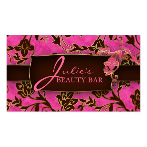 Floral Beauty Business Card Gold Trim Pink Brown H (front side)