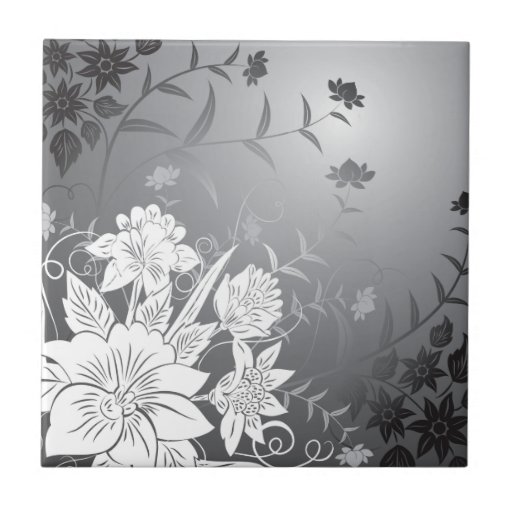 floral black and white tile Zazzle