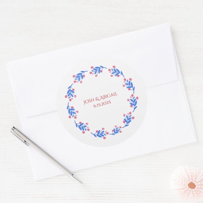 Floral Blue And Red Wreath Classic Round Sticker Zazzle