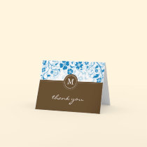 Floral Blue-Brown Monogram Thank You Card cards