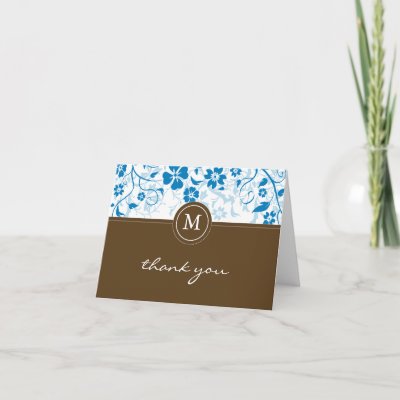 Floral Blue-Brown Monogram Thank You Card