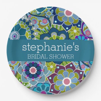 Floral Bridal Shower Teal and Green Retro Flowers Paper Plate