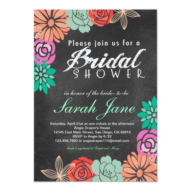 Floral Chalkboard Bridal Shower invitation (front side)
