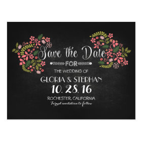 Floral chalkboard save the date postcards