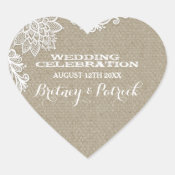 Floral Country Burlap and Lace Wedding Favors Heart Sticker