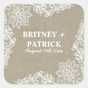 Floral Country Burlap and Lace Wedding Favors Square Stickers