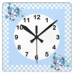 Floral Country Style Blue White Check Wallclocks