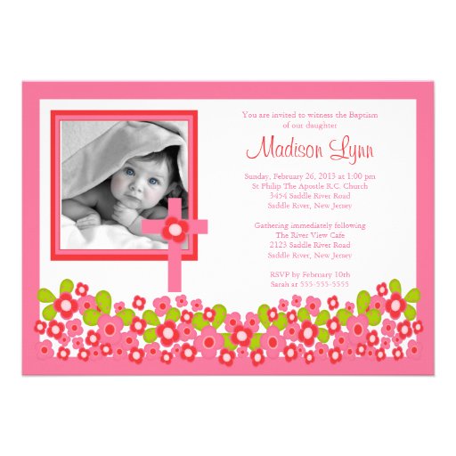 Floral Cross Baby Girl Photo Baptism Inviation Personalized Invite