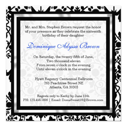 Floral Damask Invite with Blue Bow
