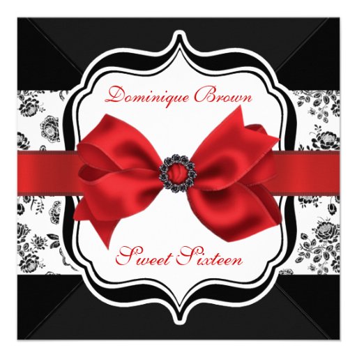Floral Damask Invite with Red Bow (front side)
