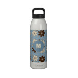 Floral design on blue water bottles