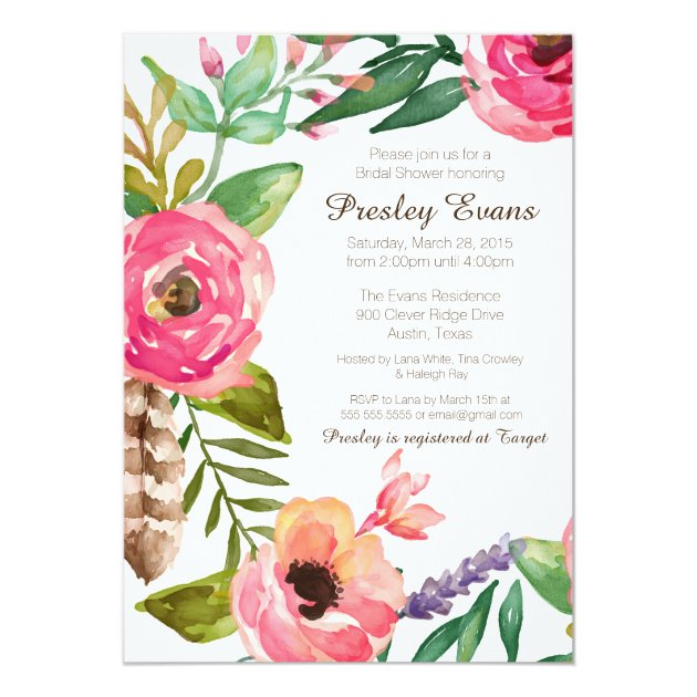 Floral & Feather Bridal Shower Invitation II (front side)